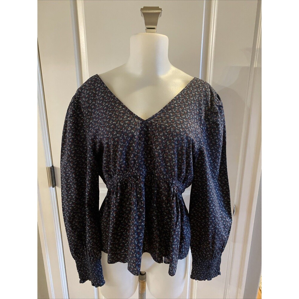 Madewell‎ Long Sleeve Peasant Boho Blue Floral  V-Neck Top Pullover Size Medium